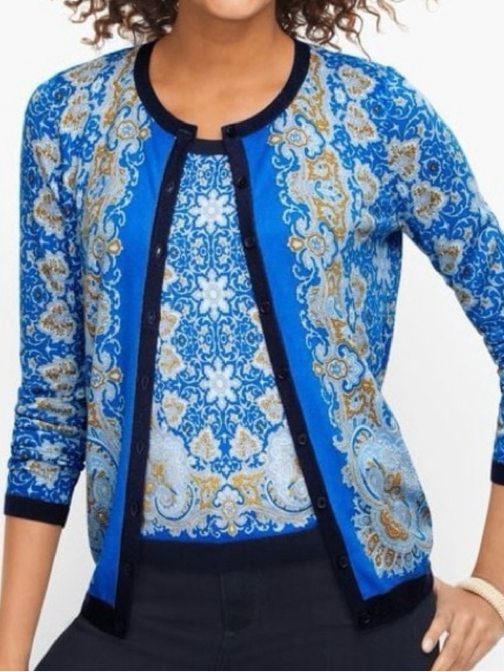 Talbots Blue Paisley Boho Print Button-Front Cardigan Sweater, Women's 3X